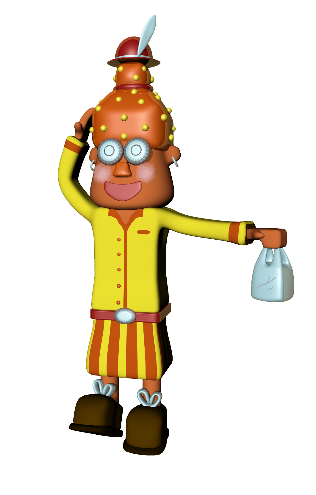 Stylized 3D character in a yellow and orange outfit with a plastic shopping bag